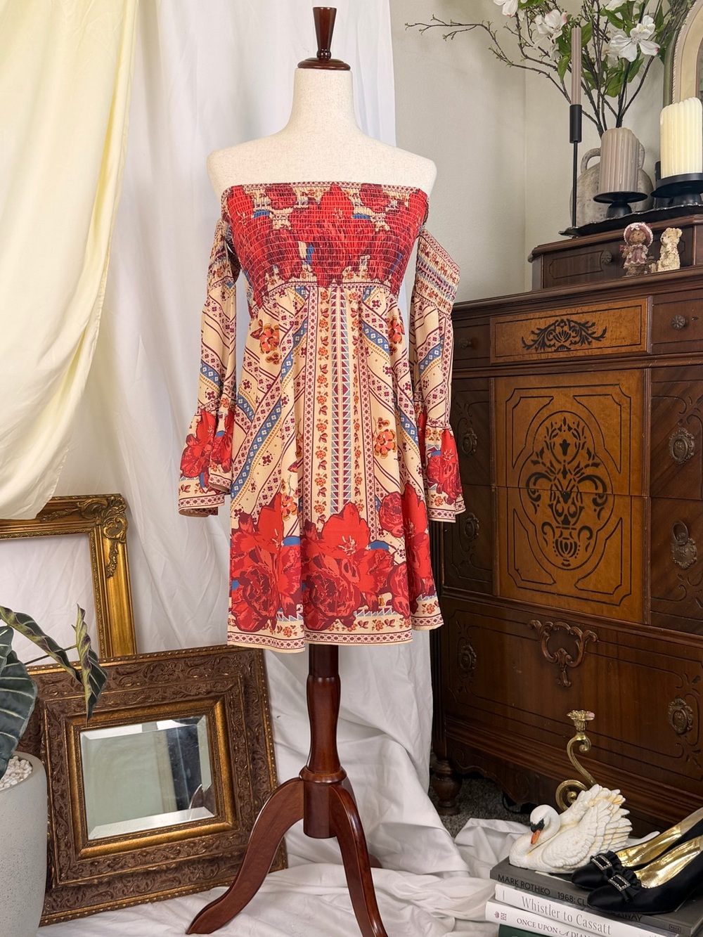 Boho Off-Shoulder Red Floral Mini Summer Dress Coachella Festival 2016 2010 Chic